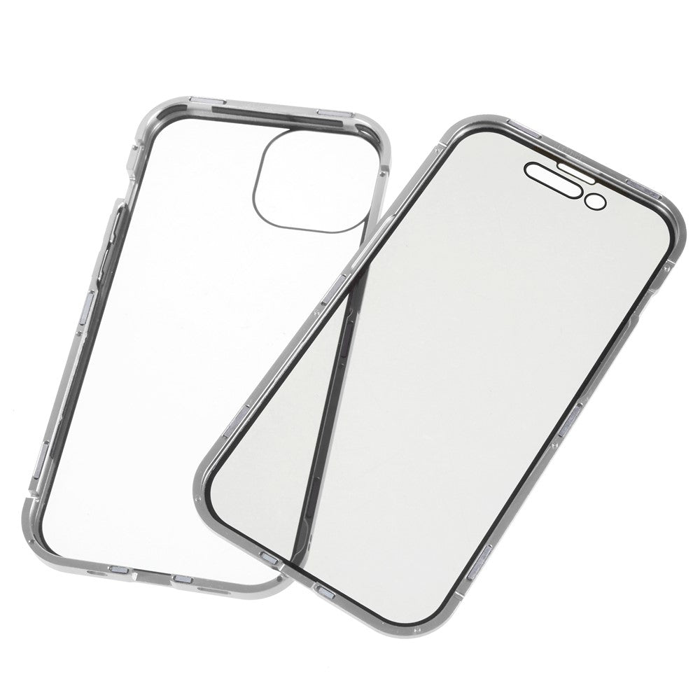 For iPhone 15 Plus Anti-Spy Phone Case Magnetic Adsorption Metal Frame + Double-sided Tempered Glass Shockproof Cover