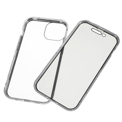For iPhone 15 Plus Anti-Spy Phone Case Magnetic Adsorption Metal Frame + Double-sided Tempered Glass Shockproof Cover