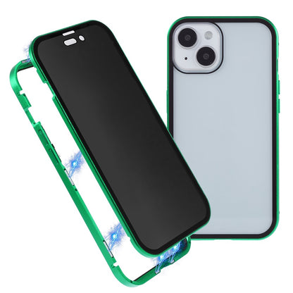 For iPhone 15 Plus Anti-Spy Phone Case Magnetic Adsorption Metal Frame + Double-sided Tempered Glass Shockproof Cover
