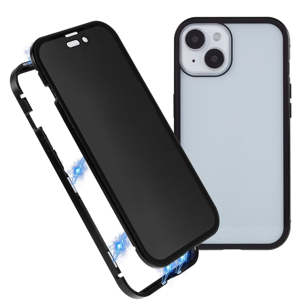 For iPhone 15 Plus Anti-Spy Phone Case Magnetic Adsorption Metal Frame + Double-sided Tempered Glass Shockproof Cover