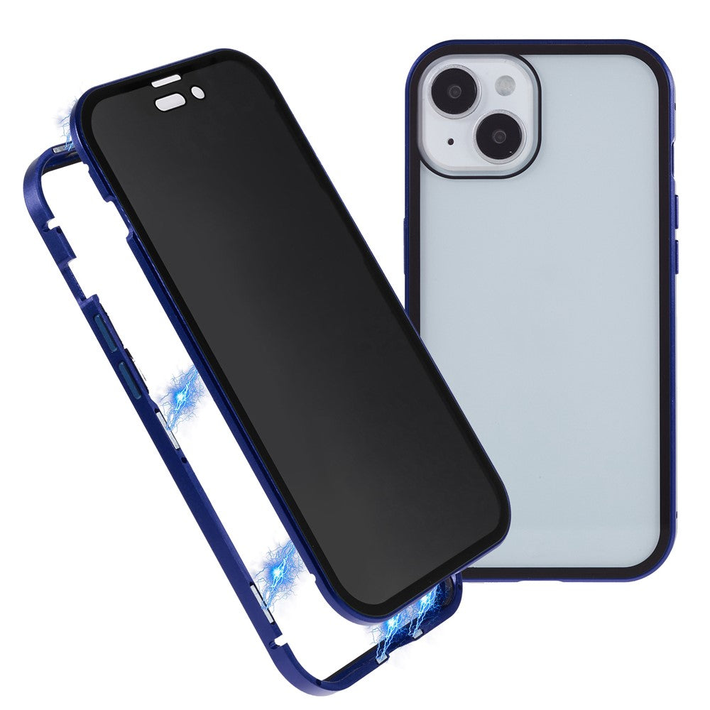 For iPhone 15 Plus Anti-Spy Phone Case Magnetic Adsorption Metal Frame + Double-sided Tempered Glass Shockproof Cover