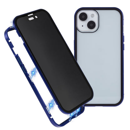 For iPhone 15 Plus Anti-Spy Phone Case Magnetic Adsorption Metal Frame + Double-sided Tempered Glass Shockproof Cover