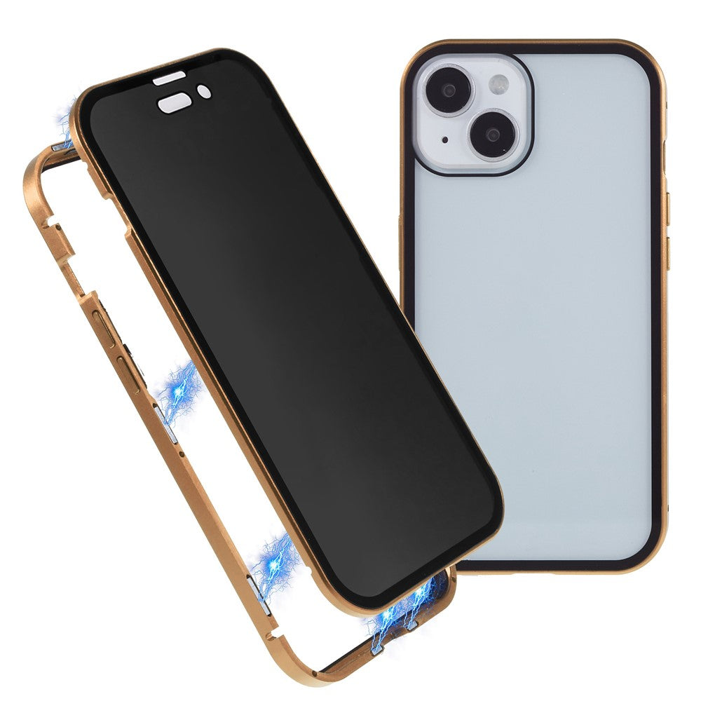 For iPhone 15 Plus Anti-Spy Phone Case Magnetic Adsorption Metal Frame + Double-sided Tempered Glass Shockproof Cover