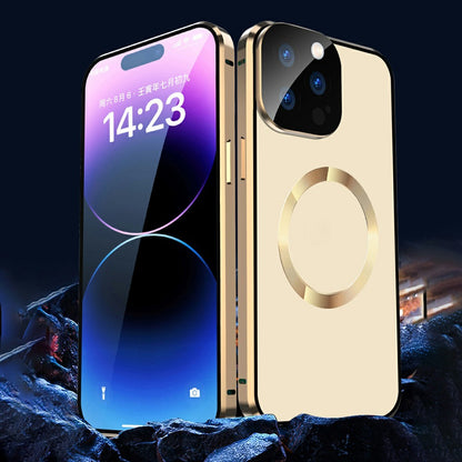 Buckle Lock Phone Cover for iPhone 15 Plus Magnetic Metal Frame + Dual-Sided Tempered Glass Case Compatible with MagSafe