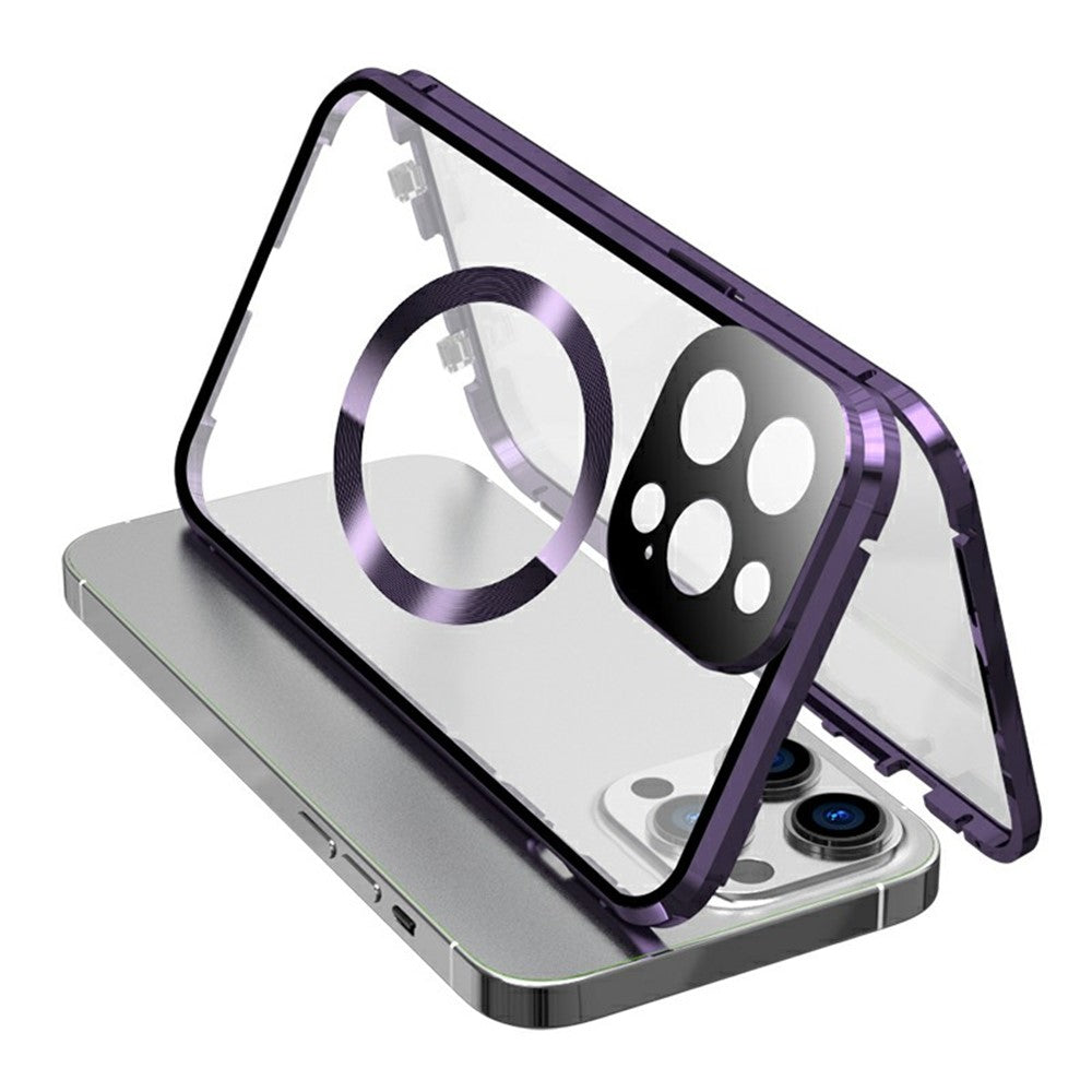 Buckle Lock Phone Cover for iPhone 15 Plus Magnetic Metal Frame + Dual-Sided Tempered Glass Case Compatible with MagSafe
