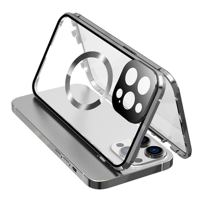 Buckle Lock Phone Cover for iPhone 15 Plus Magnetic Metal Frame + Dual-Sided Tempered Glass Case Compatible with MagSafe