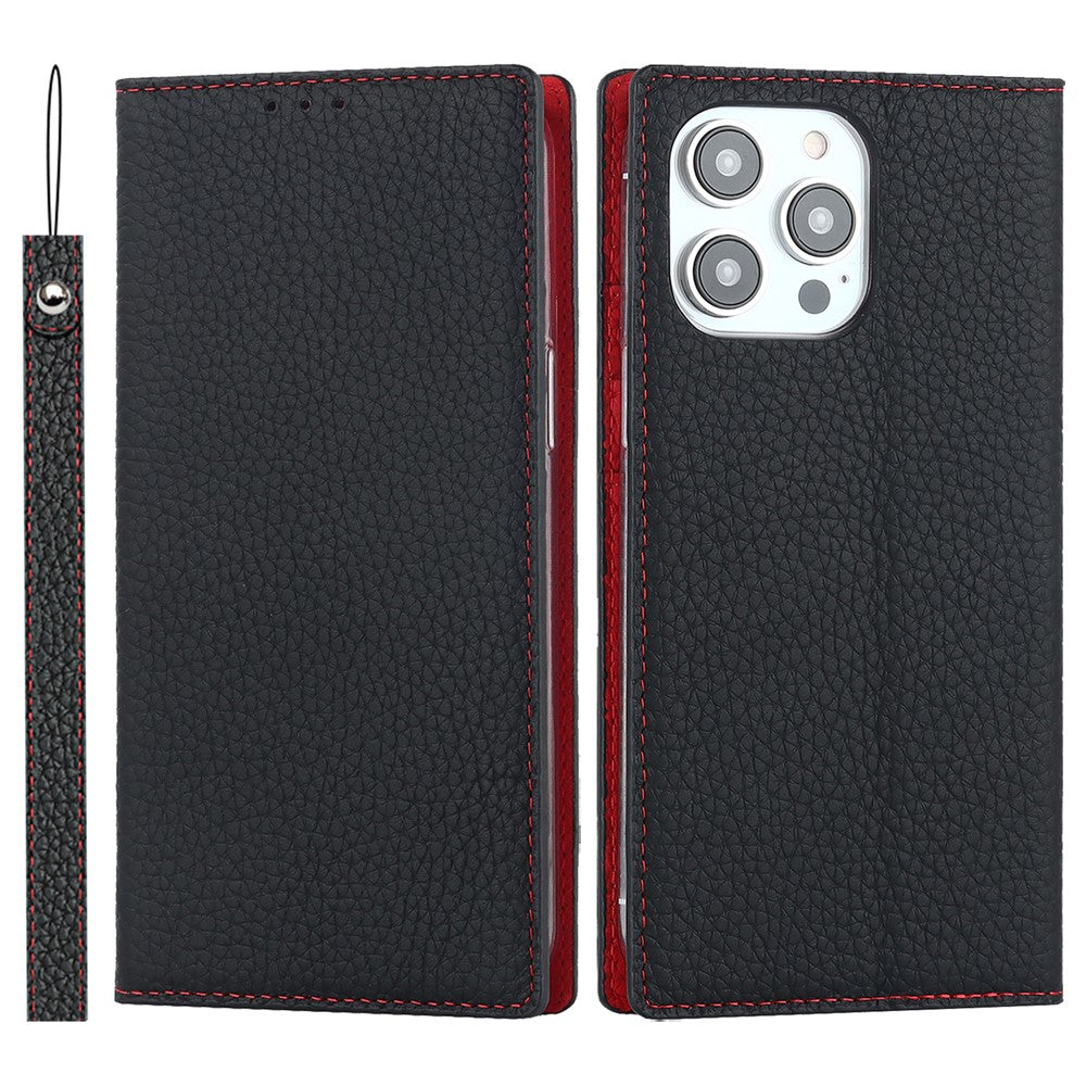 For iPhone 15 Pro Max Genuine Cow Leather Wallet Stand Case Litchi Texture Phone Cover with Strap