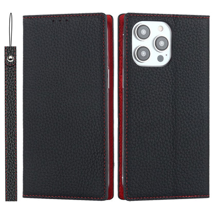 For iPhone 15 Pro Max Genuine Cow Leather Wallet Stand Case Litchi Texture Phone Cover with Strap