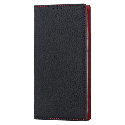 For iPhone 15 Pro Max Genuine Cow Leather Wallet Stand Case Litchi Texture Phone Cover with Strap