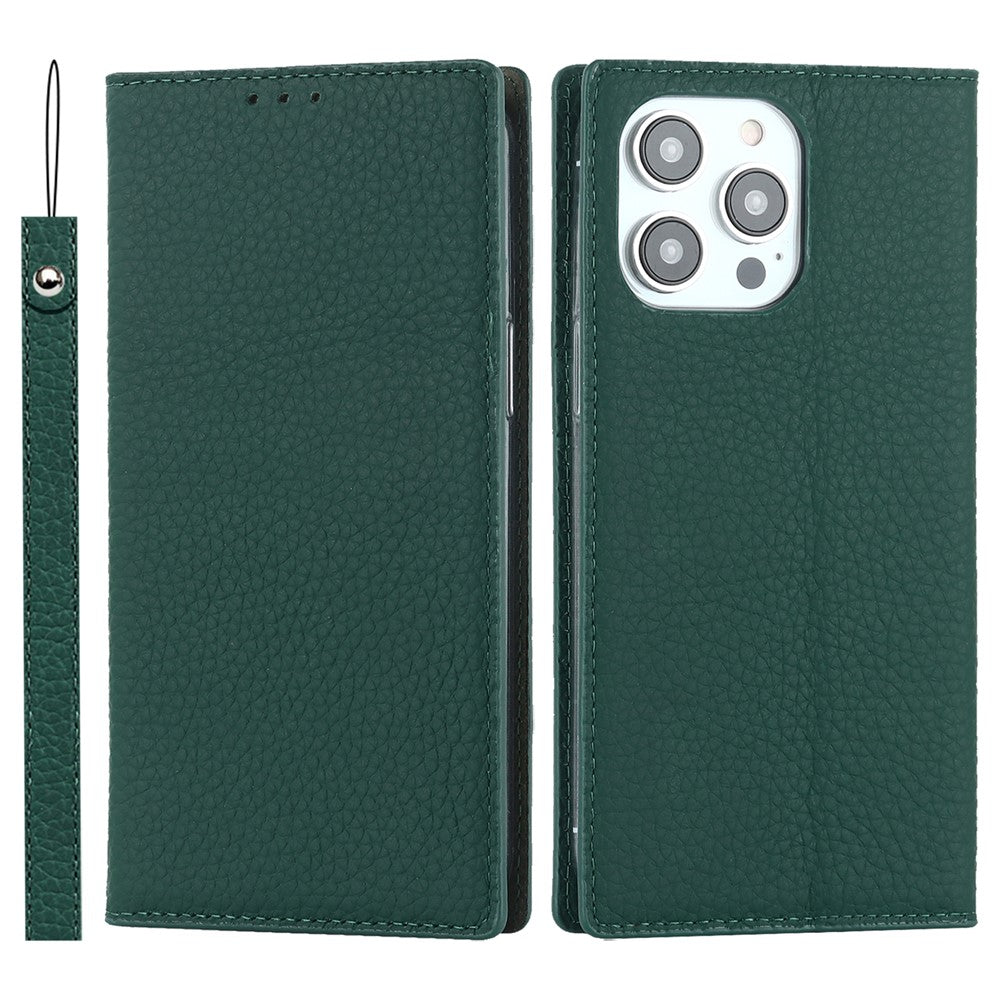 For iPhone 15 Pro Max Genuine Cow Leather Wallet Stand Case Litchi Texture Phone Cover with Strap