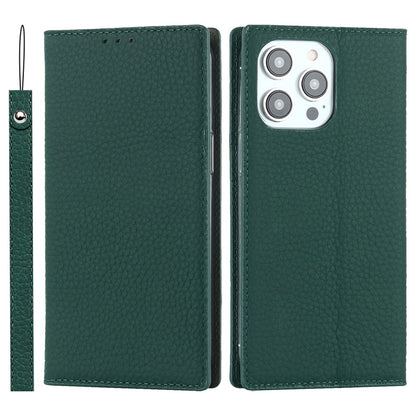 For iPhone 15 Pro Max Genuine Cow Leather Wallet Stand Case Litchi Texture Phone Cover with Strap