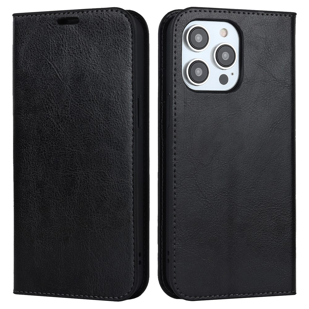 For iPhone 15 Pro Crazy Horse Texture Anti-fall Cover Genuine Cow Leather Stand Wallet Phone Case