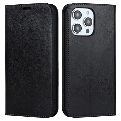 For iPhone 15 Pro Crazy Horse Texture Anti-fall Cover Genuine Cow Leather Stand Wallet Phone Case