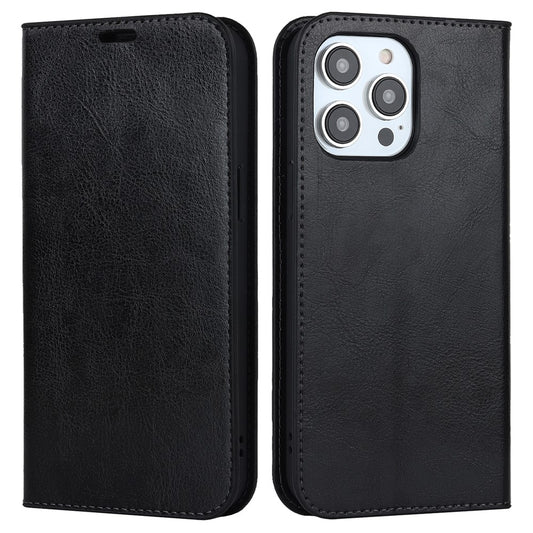 For iPhone 15 Pro Crazy Horse Texture Anti-fall Cover Genuine Cow Leather Stand Wallet Phone Case