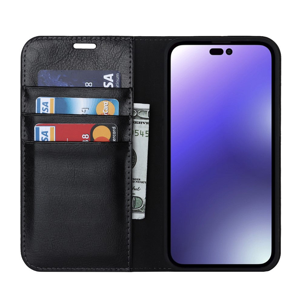 For iPhone 15 Pro Crazy Horse Texture Anti-fall Cover Genuine Cow Leather Stand Wallet Phone Case