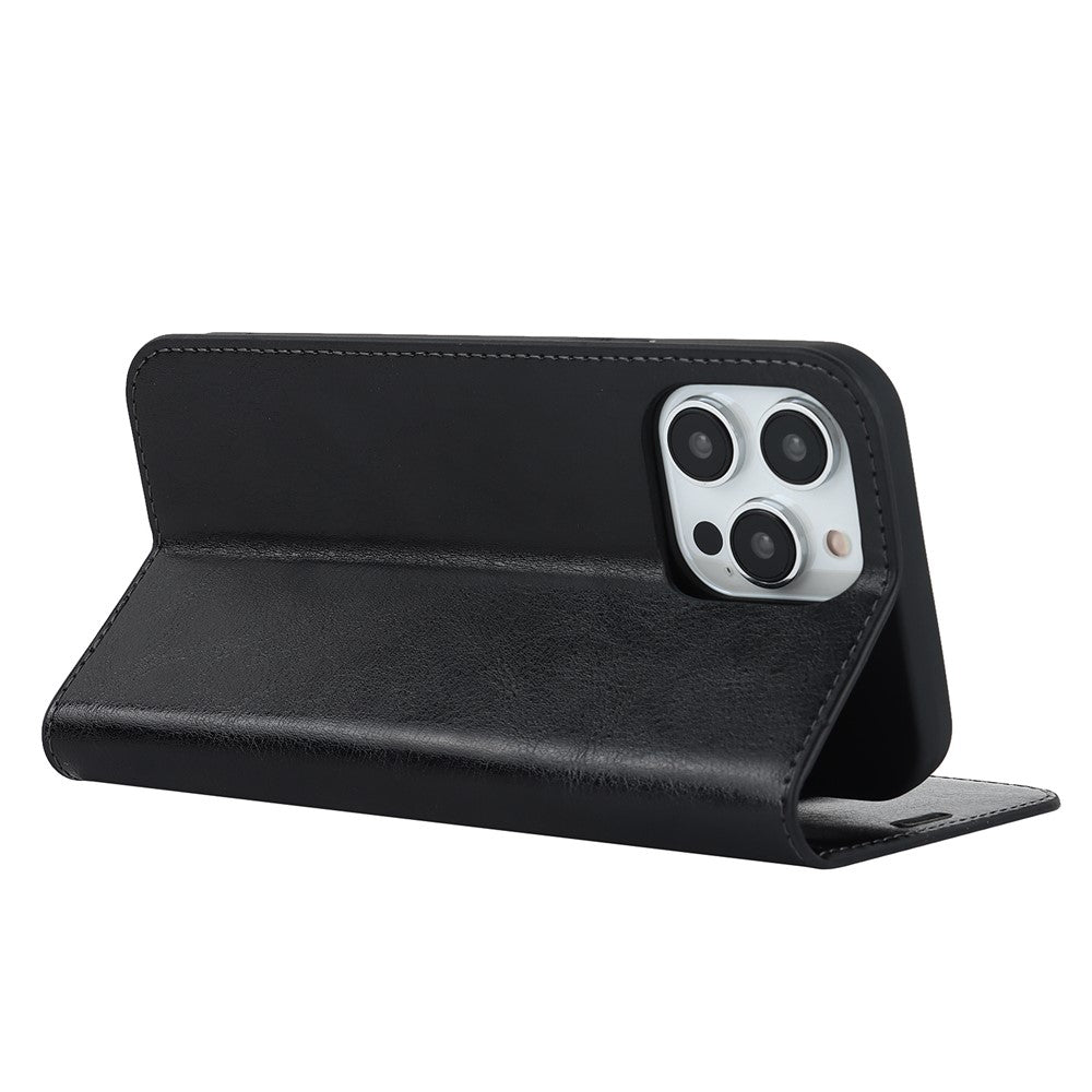 For iPhone 15 Pro Crazy Horse Texture Anti-fall Cover Genuine Cow Leather Stand Wallet Phone Case