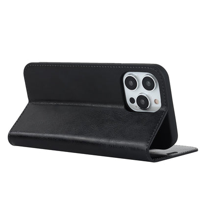 For iPhone 15 Pro Crazy Horse Texture Anti-fall Cover Genuine Cow Leather Stand Wallet Phone Case