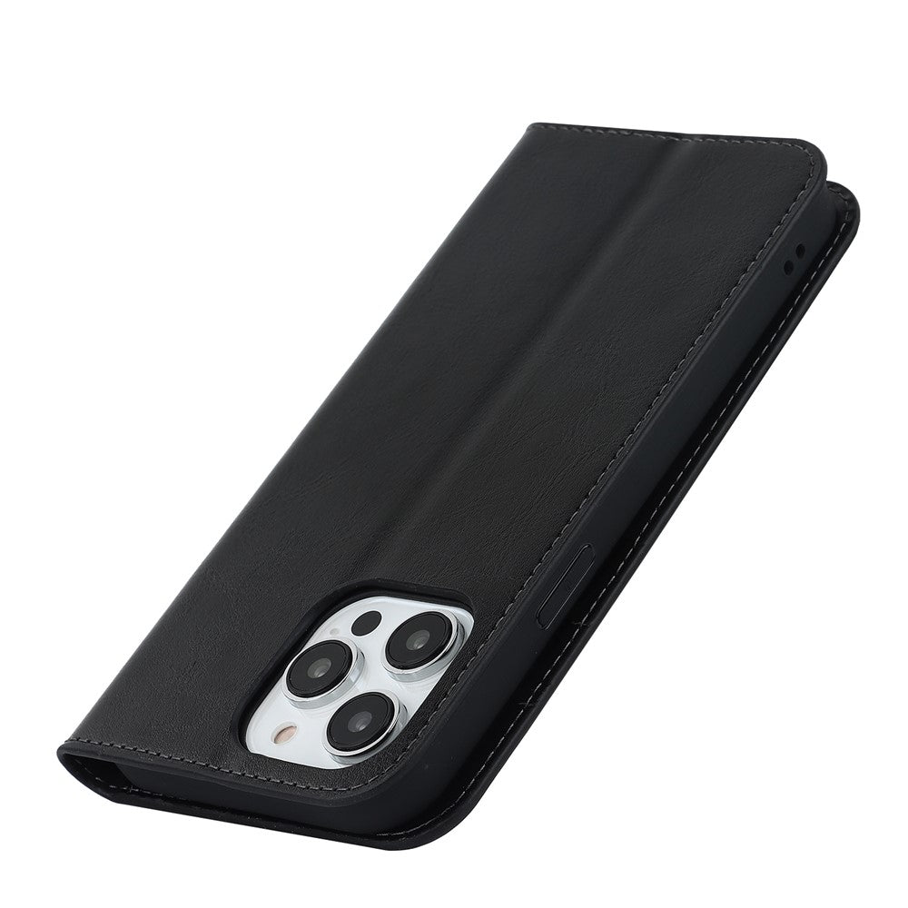 For iPhone 15 Pro Crazy Horse Texture Anti-fall Cover Genuine Cow Leather Stand Wallet Phone Case