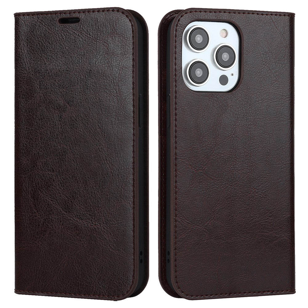 For iPhone 15 Pro Crazy Horse Texture Anti-fall Cover Genuine Cow Leather Stand Wallet Phone Case