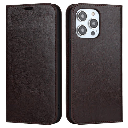 For iPhone 15 Pro Crazy Horse Texture Anti-fall Cover Genuine Cow Leather Stand Wallet Phone Case