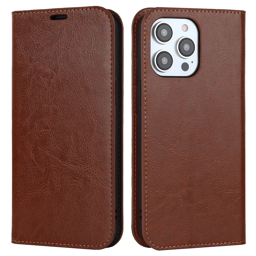 For iPhone 15 Pro Crazy Horse Texture Anti-fall Cover Genuine Cow Leather Stand Wallet Phone Case