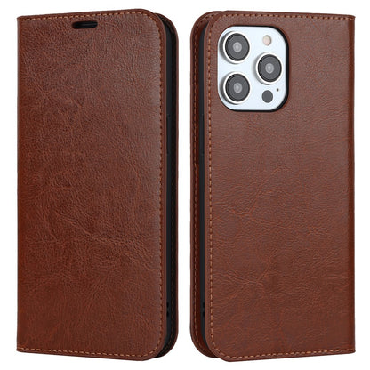 For iPhone 15 Pro Crazy Horse Texture Anti-fall Cover Genuine Cow Leather Stand Wallet Phone Case