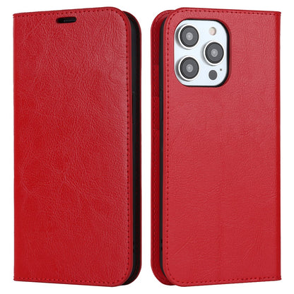 For iPhone 15 Pro Crazy Horse Texture Anti-fall Cover Genuine Cow Leather Stand Wallet Phone Case