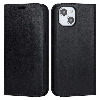 For iPhone 15 Crazy Horse Texture Stand Cover Genuine Cow Leather Wallet Protective Phone Case