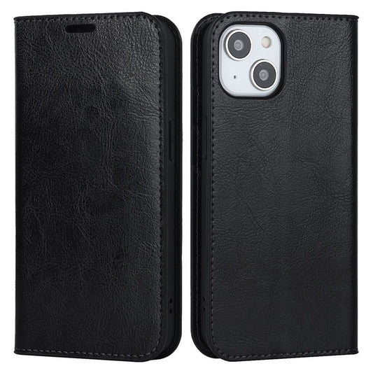 For iPhone 15 Crazy Horse Texture Stand Cover Genuine Cow Leather Wallet Protective Phone Case