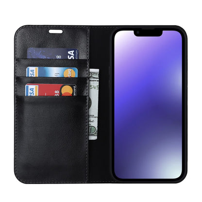 For iPhone 15 Crazy Horse Texture Stand Cover Genuine Cow Leather Wallet Protective Phone Case