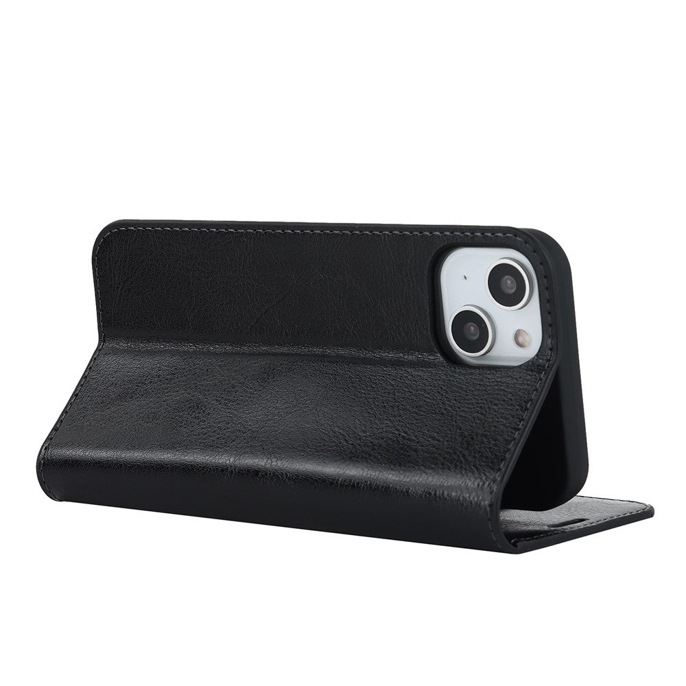 For iPhone 15 Crazy Horse Texture Stand Cover Genuine Cow Leather Wallet Protective Phone Case