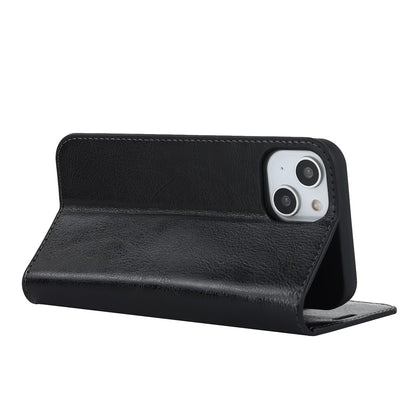 For iPhone 15 Crazy Horse Texture Stand Cover Genuine Cow Leather Wallet Protective Phone Case