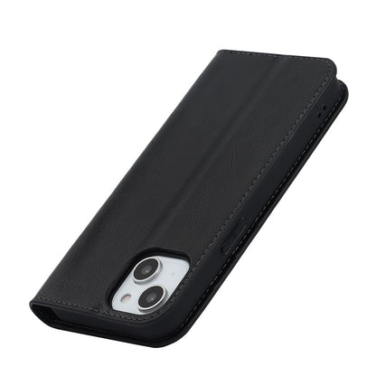 For iPhone 15 Crazy Horse Texture Stand Cover Genuine Cow Leather Wallet Protective Phone Case