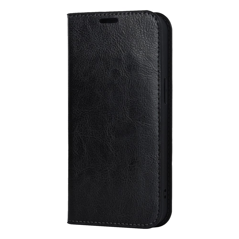 For iPhone 15 Crazy Horse Texture Stand Cover Genuine Cow Leather Wallet Protective Phone Case