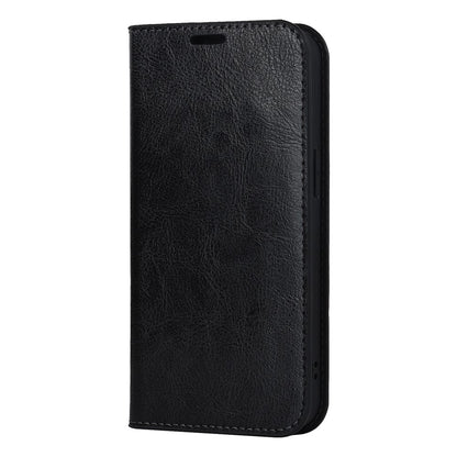 For iPhone 15 Crazy Horse Texture Stand Cover Genuine Cow Leather Wallet Protective Phone Case