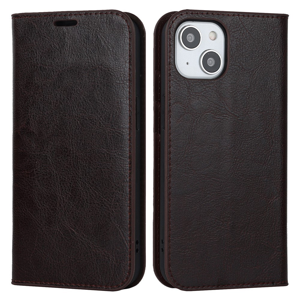 For iPhone 15 Crazy Horse Texture Stand Cover Genuine Cow Leather Wallet Protective Phone Case