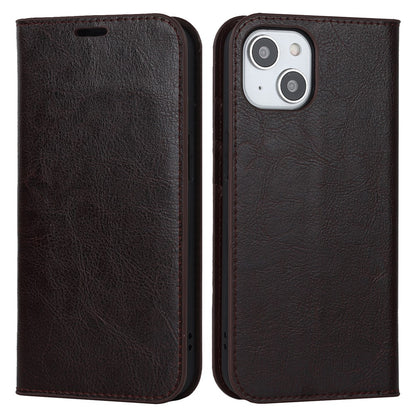 For iPhone 15 Crazy Horse Texture Stand Cover Genuine Cow Leather Wallet Protective Phone Case