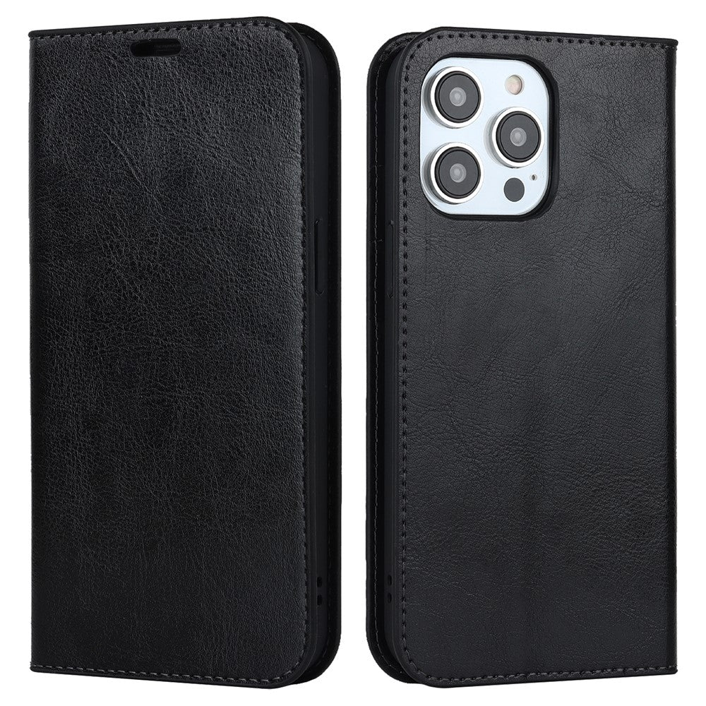 For iPhone 15 Pro Max Crazy Horse Texture Wallet Phone Cover Genuine Cow Leather Stand Case
