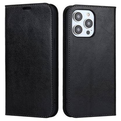 For iPhone 15 Pro Max Crazy Horse Texture Wallet Phone Cover Genuine Cow Leather Stand Case