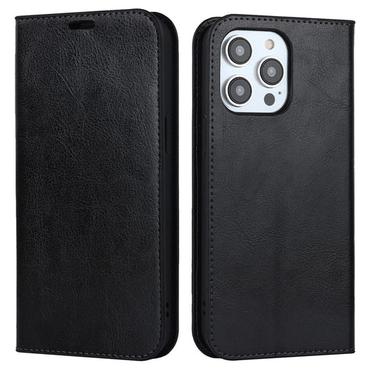 For iPhone 15 Pro Max Crazy Horse Texture Wallet Phone Cover Genuine Cow Leather Stand Case