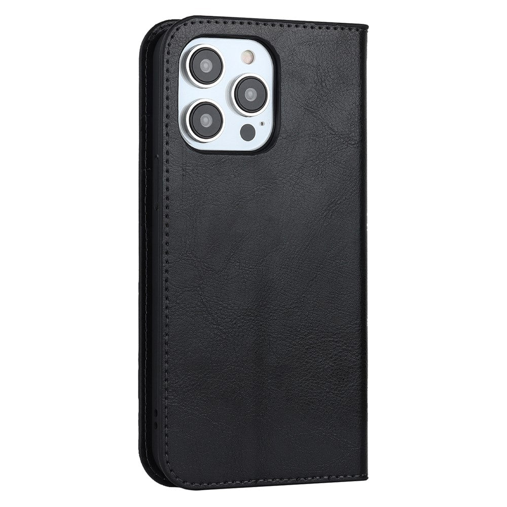 For iPhone 15 Pro Max Crazy Horse Texture Wallet Phone Cover Genuine Cow Leather Stand Case