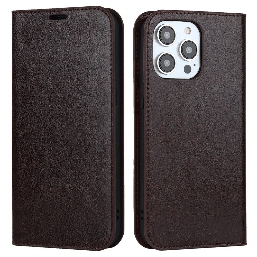 For iPhone 15 Pro Max Crazy Horse Texture Wallet Phone Cover Genuine Cow Leather Stand Case