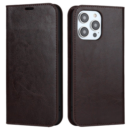 For iPhone 15 Pro Max Crazy Horse Texture Wallet Phone Cover Genuine Cow Leather Stand Case