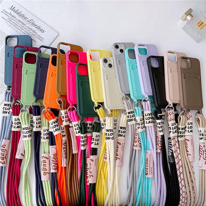 For iPhone 15 Plus Liquid Silicone Phone Case Card Slot Protective Cover with Strap