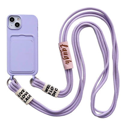 For iPhone 15 Plus Liquid Silicone Phone Case Card Slot Protective Cover with Strap