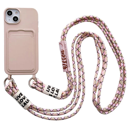 For iPhone 15 Plus Liquid Silicone Phone Case Card Slot Protective Cover with Strap
