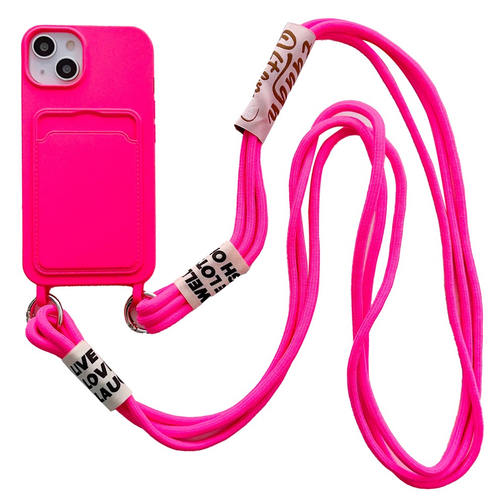 For iPhone 15 Plus Liquid Silicone Phone Case Card Slot Protective Cover with Strap
