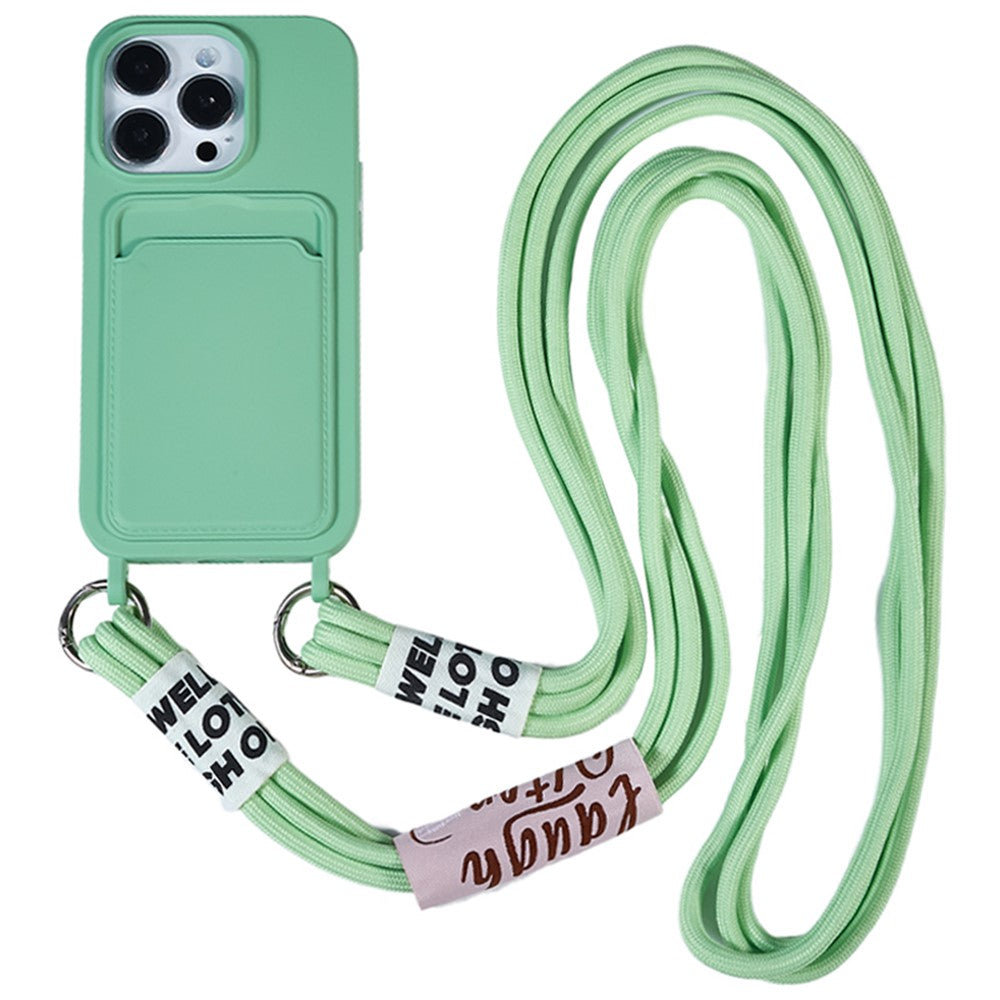For iPhone 15 Pro Max Liquid Silicone Case Card Slot Shockproof Protective Phone Cover with Strap