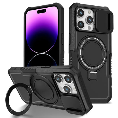 Kickstand PC+TPU Case for iPhone 15 Pro Max Compatible with MagSafe Sliding Lens Cover Protective Phone Shell
