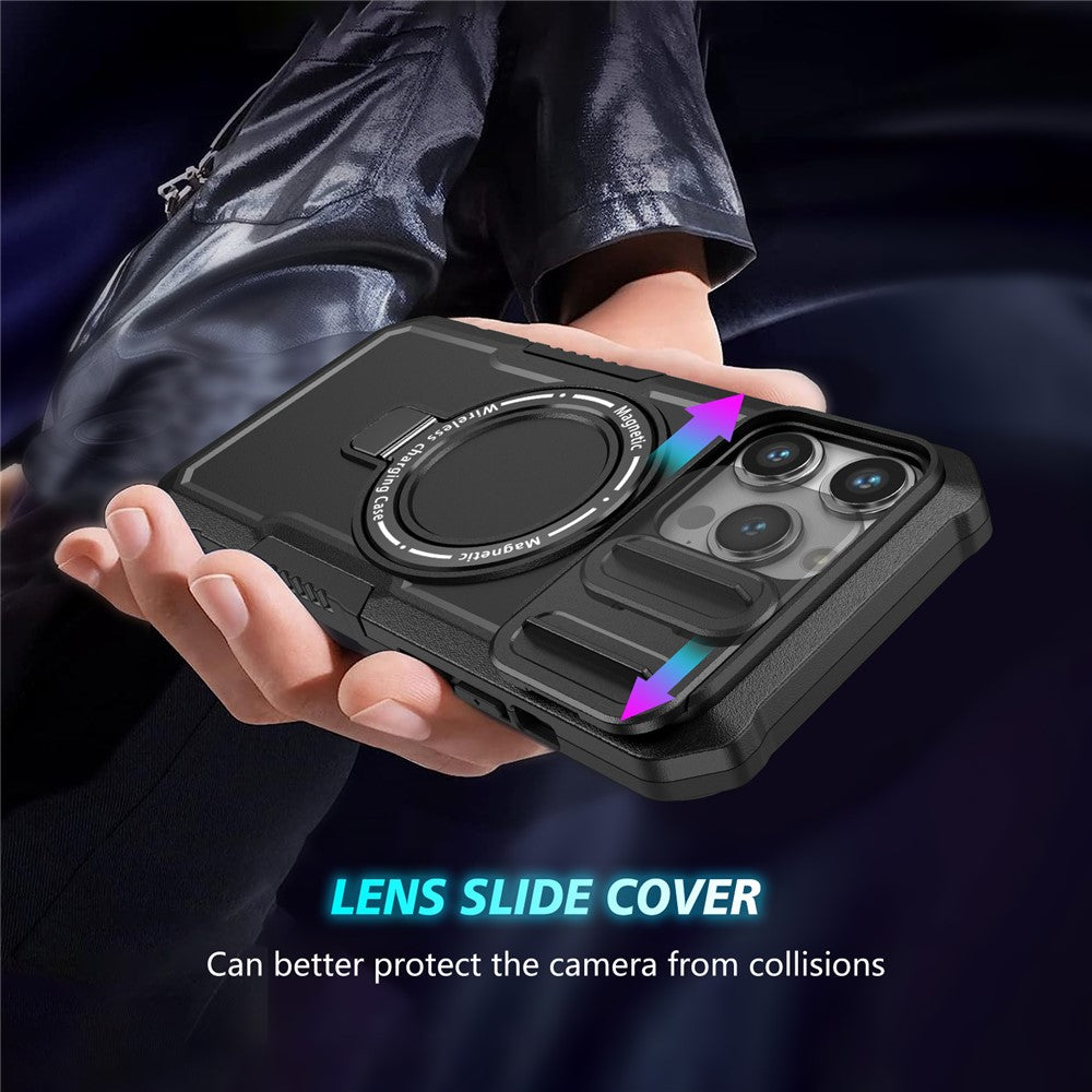 Kickstand PC+TPU Case for iPhone 15 Pro Max Compatible with MagSafe Sliding Lens Cover Protective Phone Shell